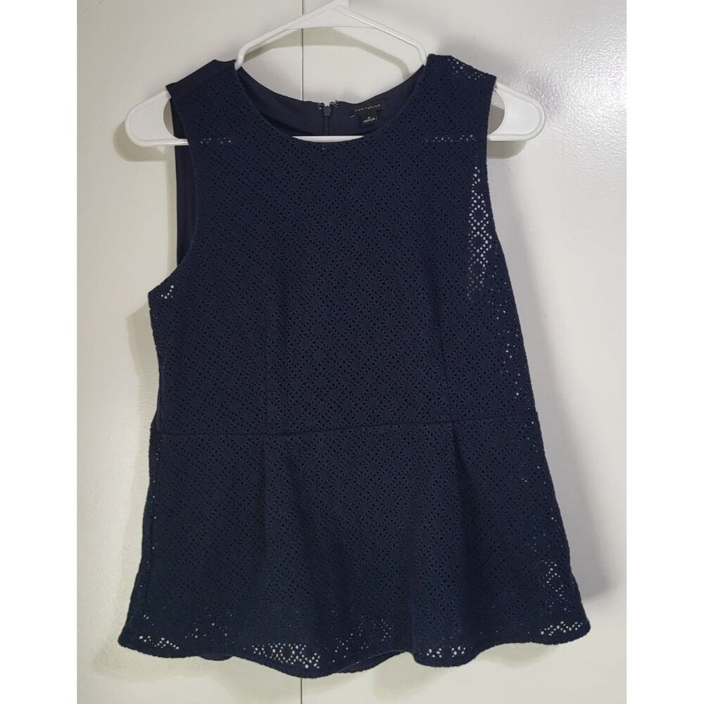 Ann Taylor Navy Blue Eyelet Fit and Flare Top Blouse Womens SZ S - Picture 2 of 8